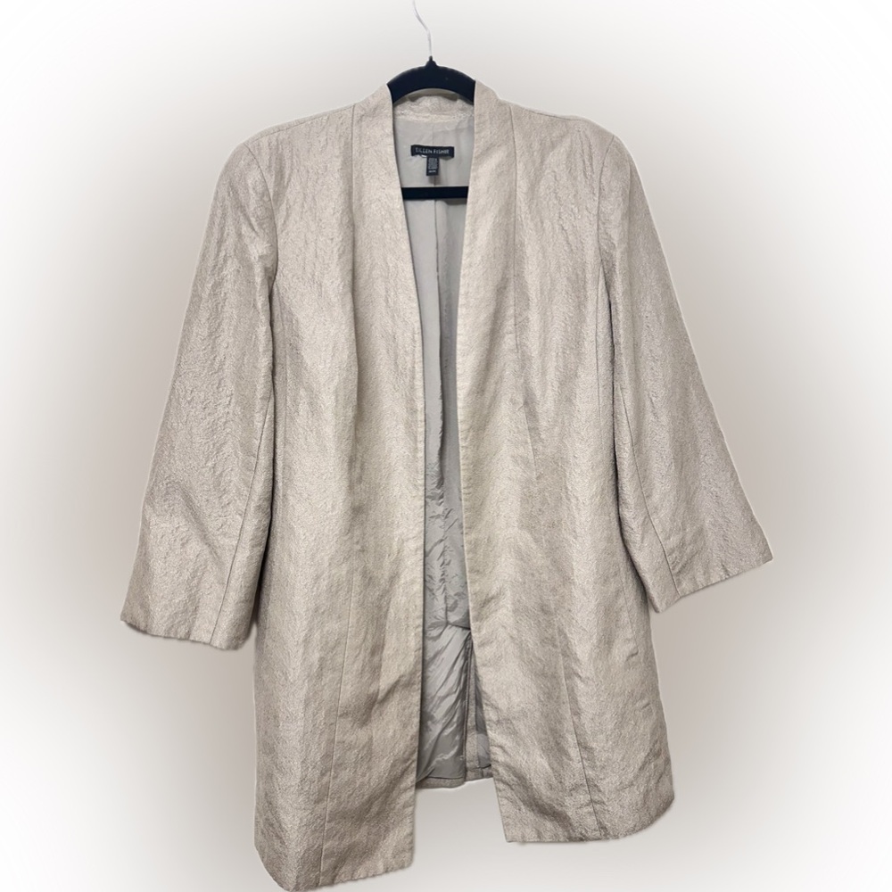 Eileen Fisher Open Front Textured Blazer Jacket Neutral Taupe Silk Blend Size M